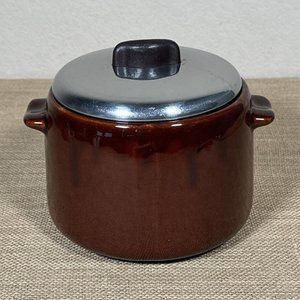 VTG West Bend Bean‎ Pot Crock w/ Metal Chrome Lid Brown Zinc Glaze Stoneware MCM